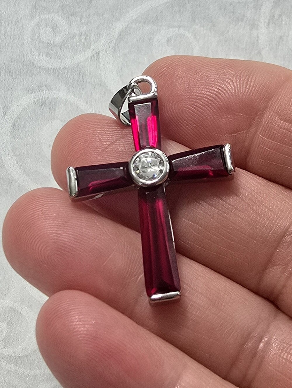 Vintage 18k GP Ruby Red Cross Pendant Necklace Gold Plated